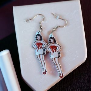 Quirky Bloody Halloween Black Haired Pinup Doll creepy Fishhook Earrings
